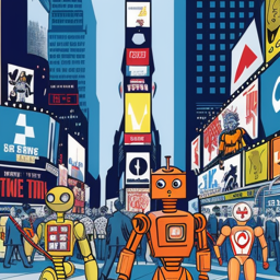 Artificial Intelligence and Marketing represented by an image of Robots walking through Times Square