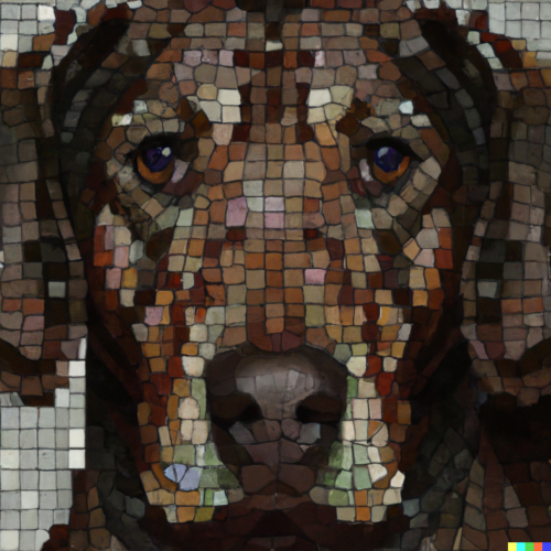 A mosaic of a dog created by Shawna Suckow using artificial intelligence