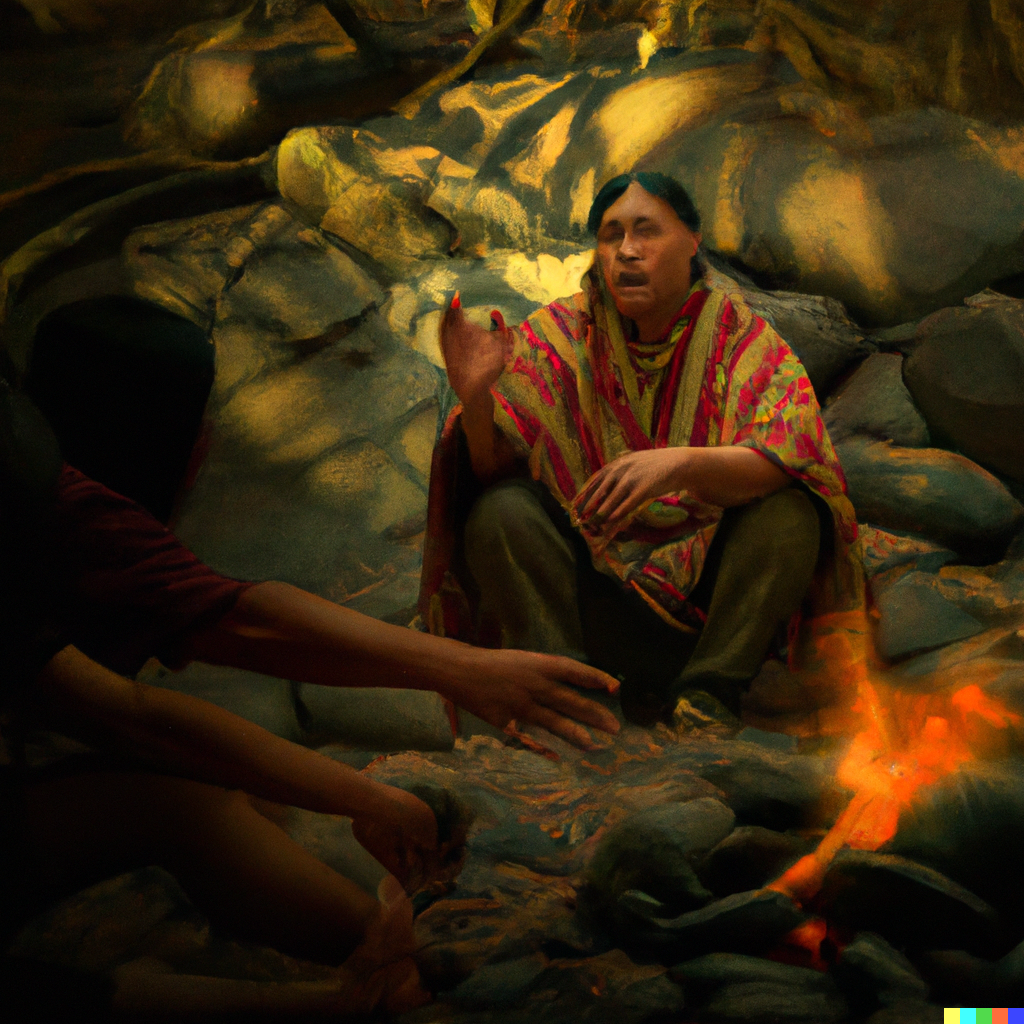 An image of a tribal leader telling stories around a fire