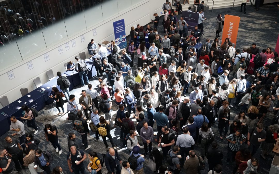 Getting leads at a trade show - trade show crowd from above.